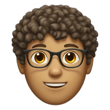 head of a boy with brown curly short hair and white glasses with a dark cat sticker