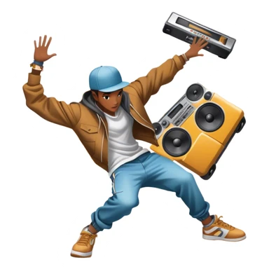 Icon for Street Dance: a dancer in urban streetwear performing a dynamic lower breakdance move, with a spray-painted background and a boombox on the asphalt. The icon should capture the energy, style, and creativity of street dance culture. Transparent background. sticker
