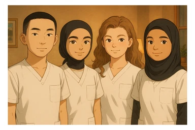 Portrait of four nursing students side by side in a warm indoor setting, wearing white short-sleeved uniforms with V-neck collars and left chest pockets. No undershirts or medical accessories. Variations in lighting and indoor decor, Ghibli style. sticker