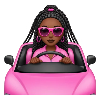 A dark-skinned Black woman with black box braids, driving a pink car sticker