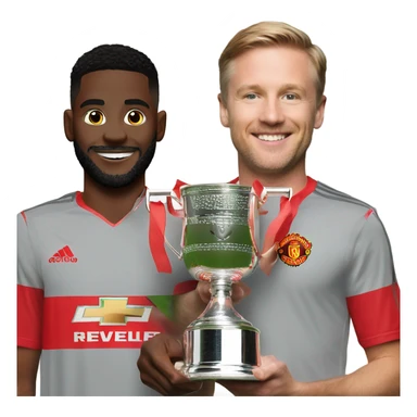 Person with a man united kit lifting the EFL Championship trophy sticker