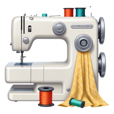 Sewing icon, sewing machine with thread, visible needle, spools of thread, fabric pieces cut according to patterns, measuring tape, pins, scissors, and a dress in progress, minimalistic style, clean lines, transparent background. sticker