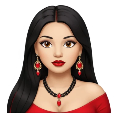 Light skin brown eyes glamorous full figured women black long straight hair red lips necklace and earrings long lashes sticker