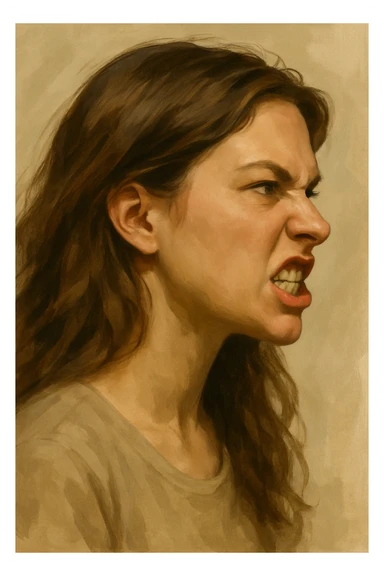 woman making grr, fierce expression, profile face, loose hair, simplified realistic style sticker