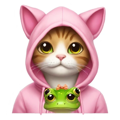 Cat with a pink bow wearing a cute frog hoodie sticker