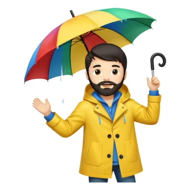 A dark-haired boy with a white beard dancing with an umbrella in the rain sticker
