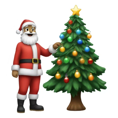 santa claus standing next to a christmas tree with christmas lights on it sticker