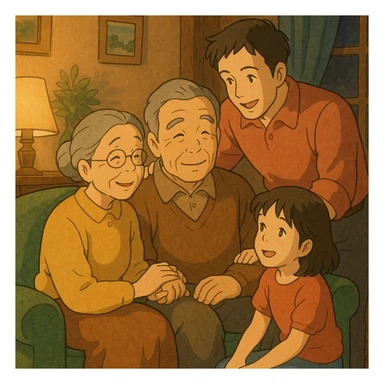 ghibli style scene of a family together, warm and caring atmosphere, filial piety sticker