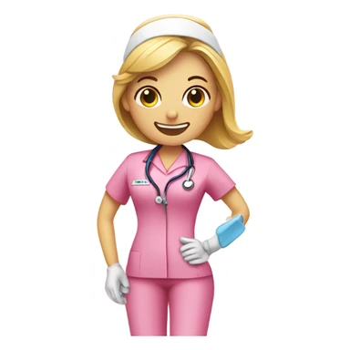 A nurse in pink scrubs, holding a toothbrush  sticker