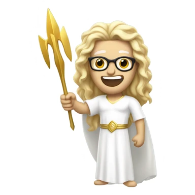 white Poseidon with gold Trident and glasses. long hair white dress. smile . eye wink. point us with index sticker