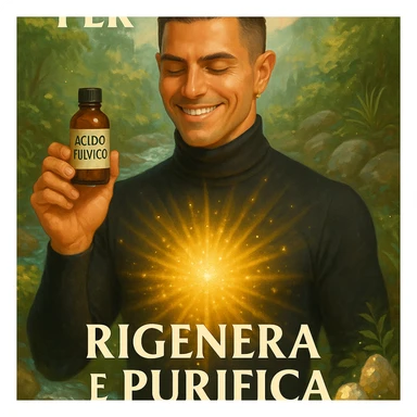 Create a vertical 9:16 wellness semi-realistic style image of a man with the face from the reference image. He is holding a bottle labeled 'acido fulvico'. Show luminous energy on the abdomen and skin. The environment is natural with elements of purification like water and minerals. Include Italian text. sticker