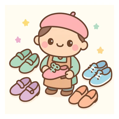 shoemaker surrounded by shoes, kawaii style sticker