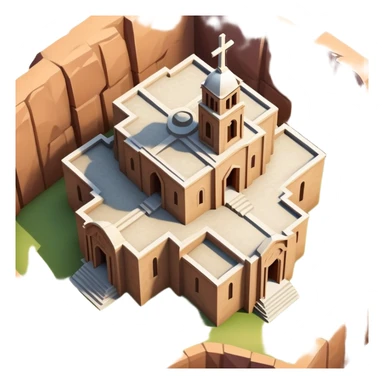 iOS emoji style illustration of Church of Saint George Lalibela Ethiopia, cross-shaped top view, carved stone appearance, vibrant clean lines sticker