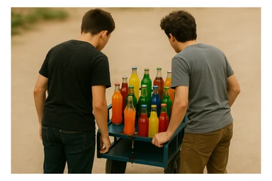 endi shu aravani bir balonchasi singan ko'rinishda va aka uka uning yonida turganini tasvirla yuzlari ko'rinmasin sticker