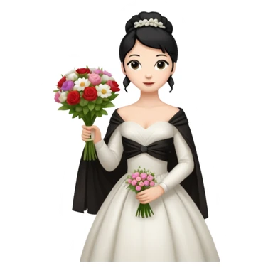 Chica blanca,cuerpo entero, vestido boda ,manga larga ,con estola, pelo negro,    ramo de flores una mano, pelo recogido en moño alto sticker