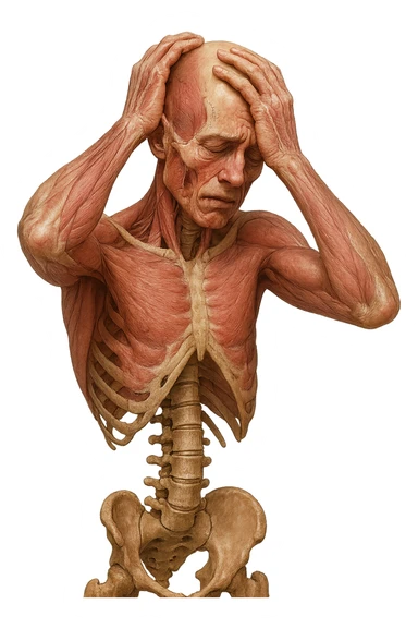 CORPO UMANO ANATOMICO con spina dorsale in evidenza, molto stanca e stressata mentre si tiene le mani sulla testa, IPERREALISTICO 4K sticker