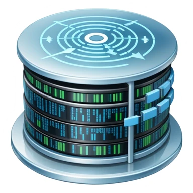 An icon featuring stacked server disks, a digital network grid, and binary code, symbolizing databases. The design includes data flow arrows, representing storage, organization, and retrieval of information. Transparent background highlights data-driven technologies. sticker