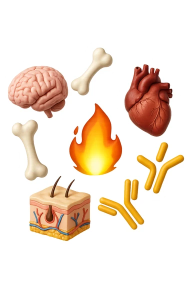 EMOJI STILE IPHONE 3D DI cervello, ossa, cuore, porzione di epidermide e cellule di anticorpi che girano in tondo, al centro di questi elementi c'è una fiamma 3d  FALLO MOLTO REALISTICO IN 3D sticker