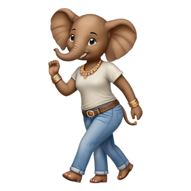 female anthropomorphised elephant in jeans and t-shirt, walking upright, wearing bangles and earrings sticker