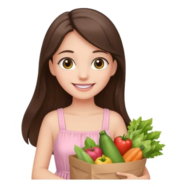 pretty smiling long brunette hair girl hazel eyes wearing light pink dress holding groceries sticker
