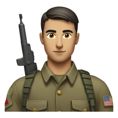 "A young man with short-cropped dark hair, a sharp jawline, and a smug expression. He wears a clean military uniform, holds a rifle, and stands confidently in a field." sticker