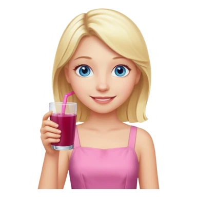 blonde girl with blue eyes in a pink dress drinking elderberry juice smiling sticker