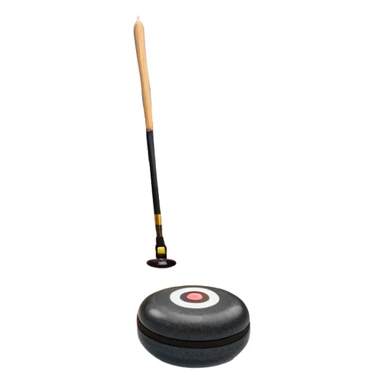 An icon featuring a curling stone in the foreground on an ice sheet with marked target circles. A curling broom rests nearby. In the background, a grand indoor stadium with bright lights and cheering fans. The ice reflects the vibrant colors of the surroundings. Transparent background. sticker