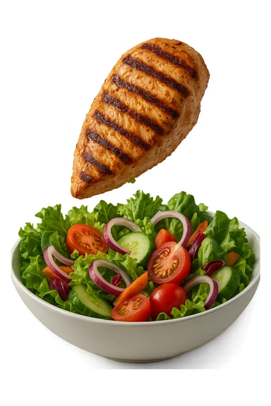 INSALATA CON PETTO DI POLLO GRIGLIATO CHE CADE DALL'ALTO, IPERREALISTICO 4K sticker