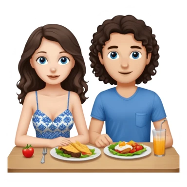 white girl, dark brown long slightly curly hair , skinni but with big breast , septum piercing on nose, beautiful dark gray-blue eyes, having luch with her bf  sticker