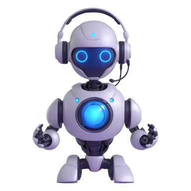 robot-like autonomous AI agent with metallic finish, glowing blue eyes, wearing headset, holding digital orb sticker