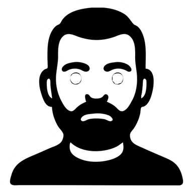 A middle-aged man with a medium slightly gray beard, short hair cut to the scalp on the sides and combed back on top, blue eyes sticker