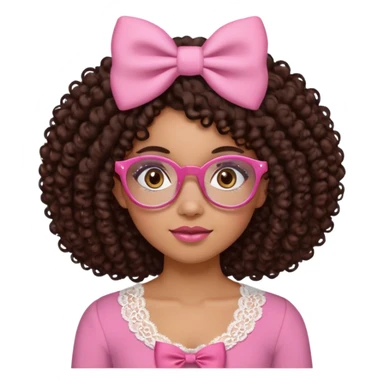 medium-light kinned afro-latina girl with medium length chocolate brown side part curly hair, small pink bow , with brown glasses, brown eyes, pink and white sweetheart necklined top with lace, round wide-ish nose, ob-long face sticker