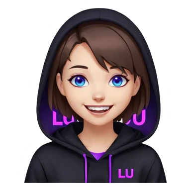 brown haired girl with a bob and blue eyes wearing black hoody with violet letters "Lu", laughs. Cyberpunk style. Violet neon. sticker