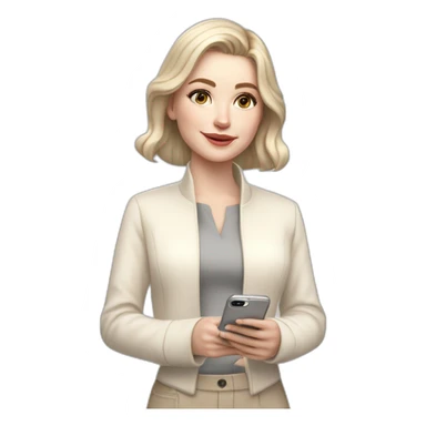 pale skin woman with ash blonde Straightened bob Hair, White Spacious classical jacket, beige palazzo Arrow pants and gray blouse holding white IPhone 15 pro in the hands sticker