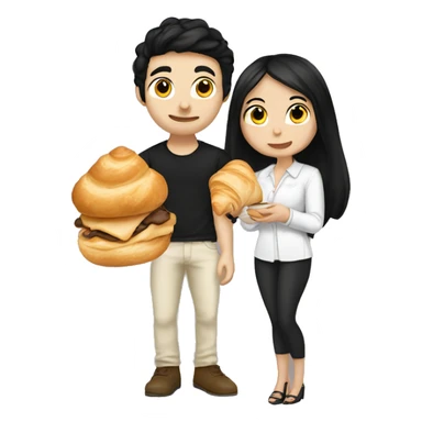 Cute girlfriend black hair and white skin with her boyfriend eating a croissant sticker