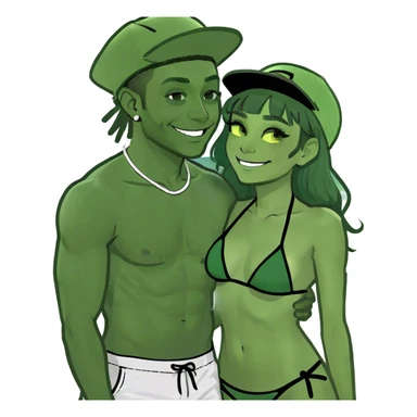 Hyperrralistic photo realism 4k shot of internet celebrity lovers Tefi Valenzuela in bikini and Josh king Madrid in backwards hat and neon shorts on beach laying down cuddling sticker