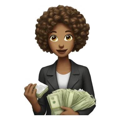 woman with brown curly hair holding lots of money sticker