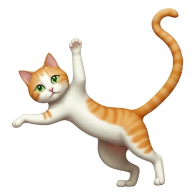 ginger and white cat with green eyes doing a big extremely long stretch reaching up into the air with arms and legs side by side together straight and overextended whilst lying on its side sticker