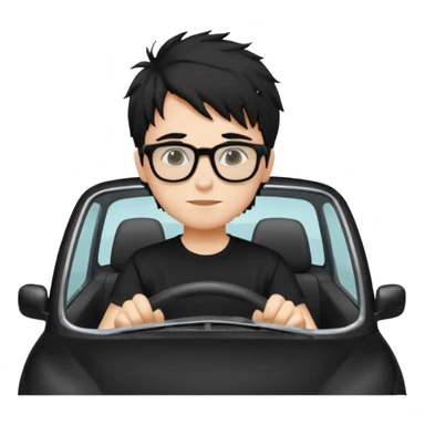 generate a pretty bratz fair skinned boy with black messy hair wearing a black tshirt driving. Glasses on.  sticker