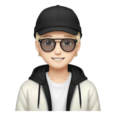 Portrait of a male K-pop idol, white skin, wearing a stylish streetwear outfit with layered clothing, makeup, wearing a black cap, smiling, sunglasses sticker