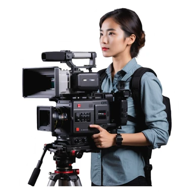 cinéaste de profil ou 3/4 tenant une vraie caméra broadcast professionnelle, œil dans l’œilleton, cadrant devant lui, plan taille à tête sticker