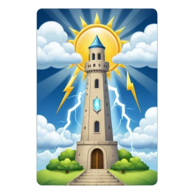 The tower tarot card lighting clouds and sun theres 2 sides one side sun in a card sticker