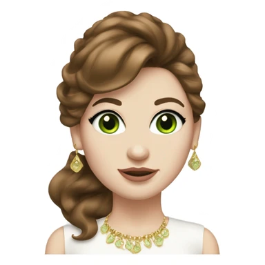 woman, with chestnut brown hair, her hair are a 90s voluminous blowout with curtain bangs, she has very green eyes and a white pale skin, she has pink lipstick on and long lashes, she wears a white to and  gold earrings  sticker