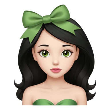 The woman has long black hair with green ribbon bows, light brown eyes, fair skin, and a heart-shaped face. She wears soft makeup, a muted rose lip, and a strapless olive green top. sticker