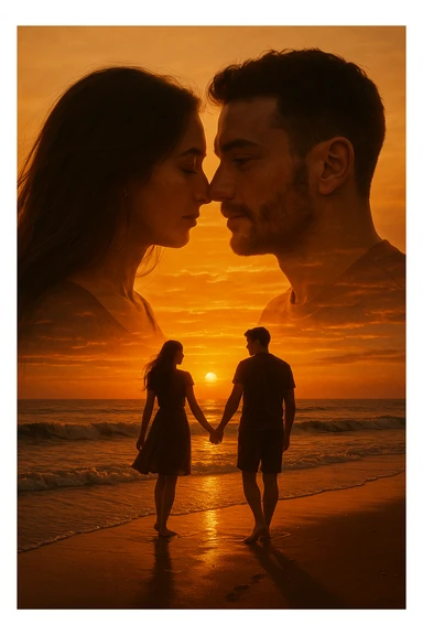 Una doppia esposizione cinematografica di noi di profilo, con un paesaggio di spiaggia al tramonto integrato nella silhouette.
La scena interna ci mostra entrambi camminare sulla sabbia bagnata, tenendoci per mano, con le onde del mare che si infrangono è facile e un cielo colorato dagli ultimi raggi di sole. Atmosfera calda e intima, toni dorati arancioni, dettagli fini ed espressivi, risoluzione 8K. sticker