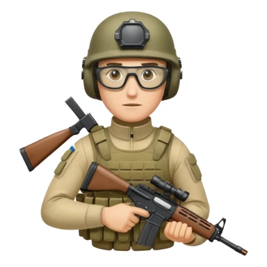 Ukrainian intelligance agency warrior man in platecarrier with nato riffle in helmet and ballistic glasses sticker
