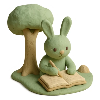 rabbit writing in a journal under a tree, pastel green and beige, claymation style sticker