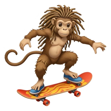 A monkey with natty dreads,  jumping on mushroom that also have dreads, and a skateboard the size of Godzilla sticker