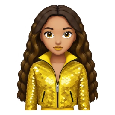 Leigh-Anne Pinnock from Little Mix with long dark brown hair, yellow sequin outfit sticker