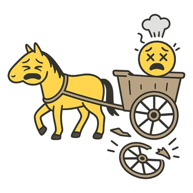Make the horse cart look broken and add funny, exaggerated emoji expressions to the horse and cart. Keep the style consistent. The style is emoji style. Keep the background transparent. sticker